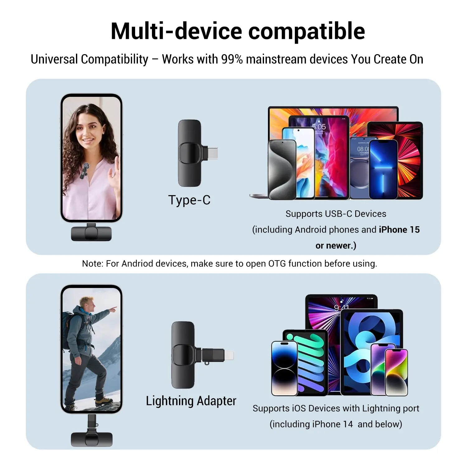 Hitozon Wireless Lavalier Microphone with Noise Reduction for iPhone 15/16/17, iPad, and Android - Portable USB-C Lapel Mic for Video Recording, Vlogging, TikTok, and YouTube