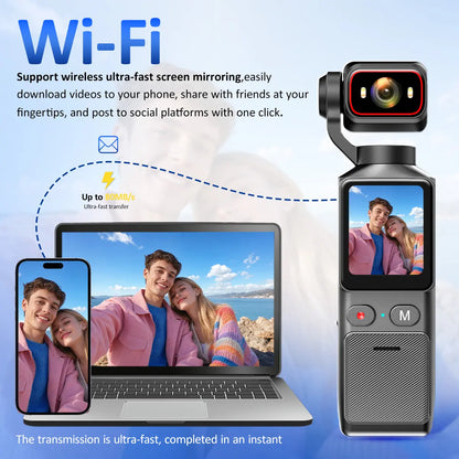 4K Pocket Camera with 64GB Memory Card, Motorized 270° Rotating Lens, EIS Stabilization, Ideal for Vlogging and Travel