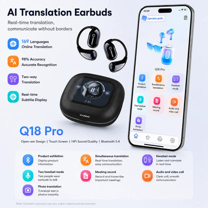 HYUNDAI HY-Q18 Pro Bluetooth Wireless Earbuds with Full-Color Touch Display, Mobile App Translation Support, Smart Headphones for Music and Calls, Compatible with Android and iOS