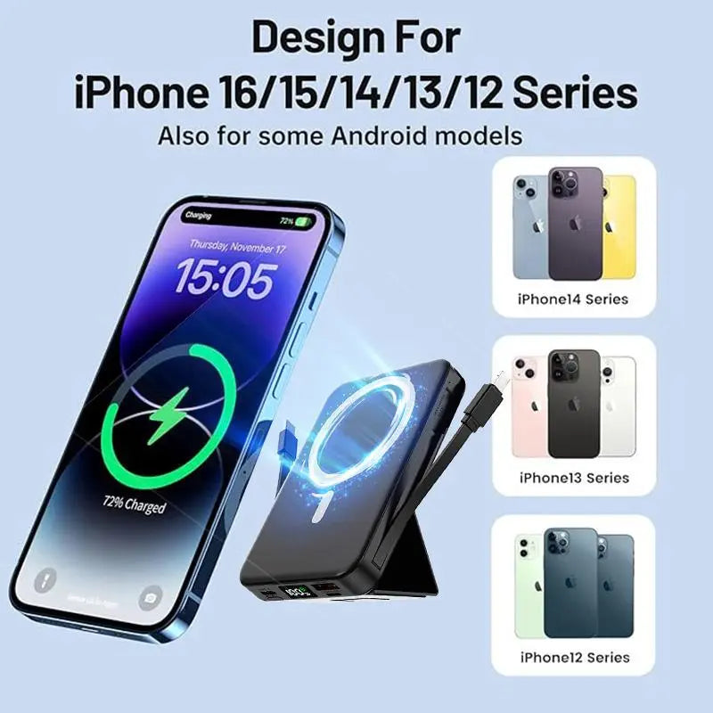 10,000mAh MagSafe Magnetic Power Bank with Built-In Cables and Phone Stand | 22.5W PD Fast Charging Portable Charger with LED Display for iPhone 12-17 and Android Devices, Ideal for Hands-Free Wireless Charging and Gifting