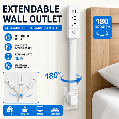 Eazy Electrical Outlet Extender - Fire Hazard Prevention, Surge Protection, 3-In-1 Telescopic Rotating Design with Independent Power Switch and 180° Swivel Wall Tap with USB Ports
