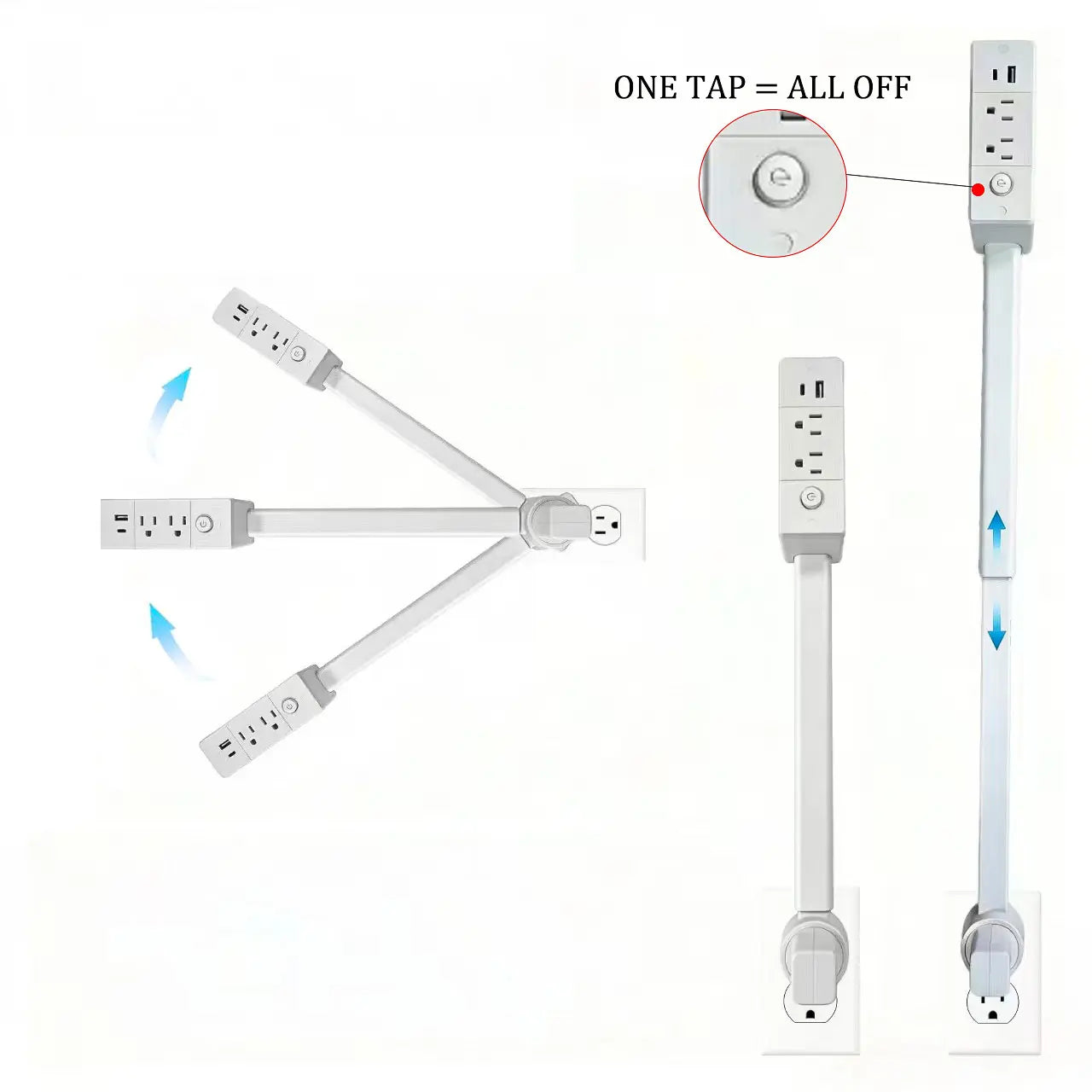 Eazy Electrical Outlet Extender - Fire Hazard Prevention, Surge Protection, 3-In-1 Telescopic Rotating Design with Independent Power Switch and 180° Swivel Wall Tap with USB Ports