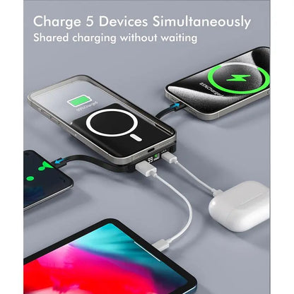 10,000mAh MagSafe Magnetic Power Bank with Built-In Cables and Phone Stand | 22.5W PD Fast Charging Portable Charger with LED Display for iPhone 12-17 and Android Devices, Ideal for Hands-Free Wireless Charging and Gifting