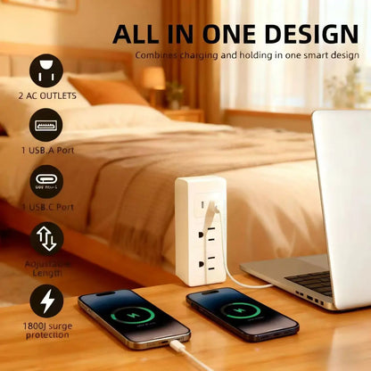 Eazy Electrical Outlet Extender - Fire Hazard Prevention, Surge Protection, 3-In-1 Telescopic Rotating Design with Independent Power Switch and 180° Swivel Wall Tap with USB Ports