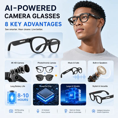 Sightflow Smart AI Camera Glasses with 8MP Photochromic UV-Protection Lenses, Real-Time Translation in 160+ Languages, Bluetooth Audio, Hands-Free Photo and Video Capture, Touch Control, Ideal for Travel and Outdoor Use, Compatible with iOS and Android